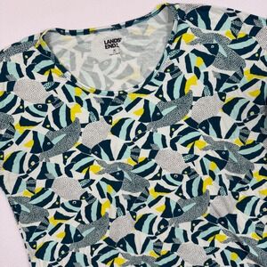 Lands End Womens Medium Tropical Fish Print Scoop Neck Short Sleeve Top Teal